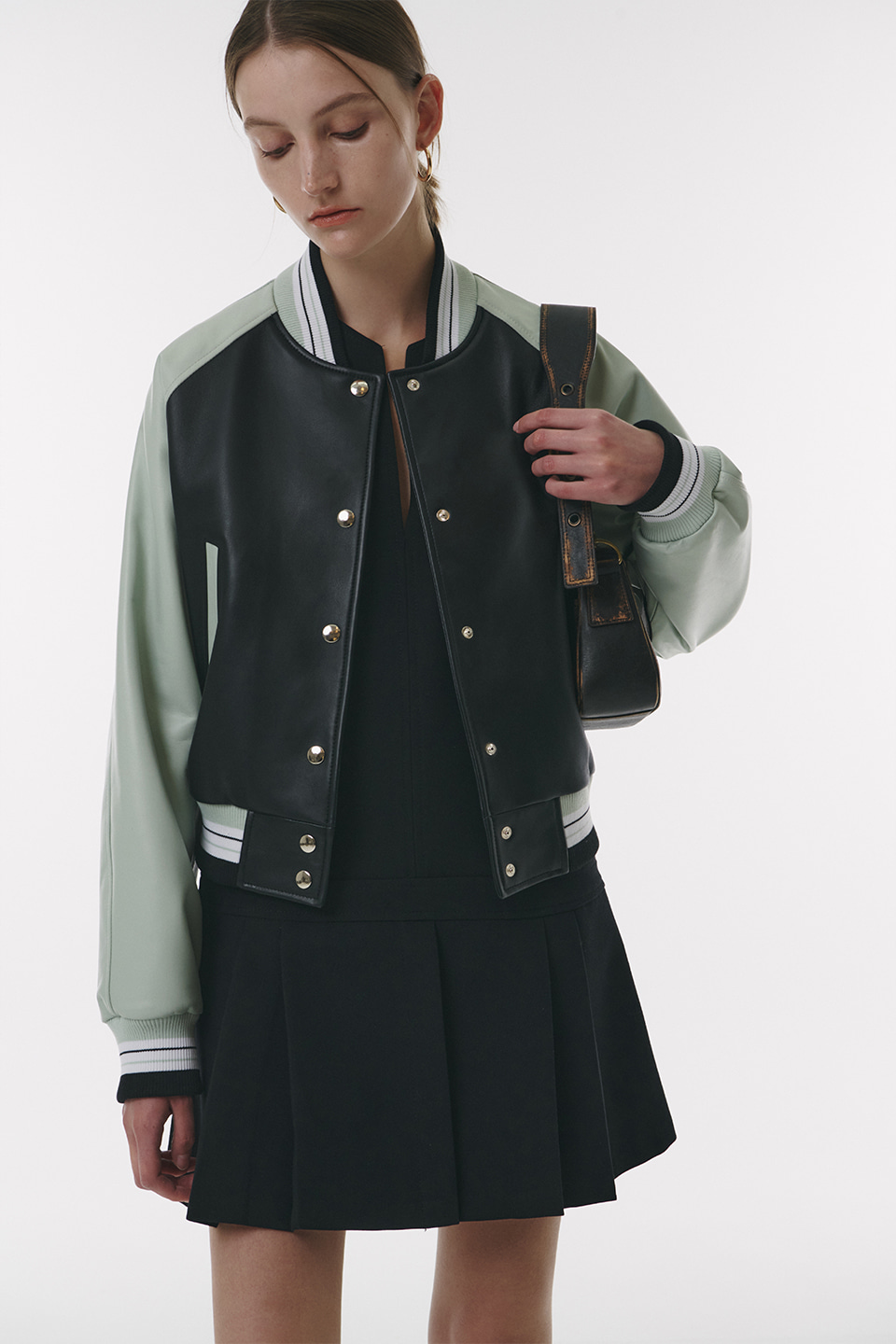 Lambskin Mixed Varsity jacket in Mint/Black